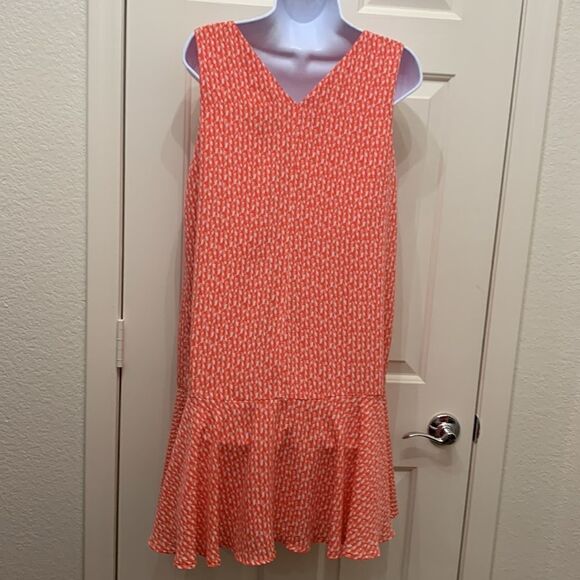 Banana Republic Dress VNeck Short Sleeved Orange White Ruffled Bottom Sz Medium - Picture 9 of 11